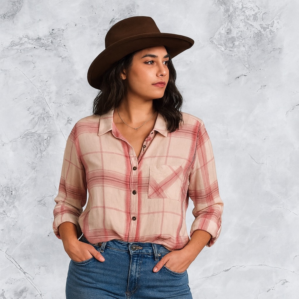 Shyanne Women's Pink Plaid Button Down Western Shirt